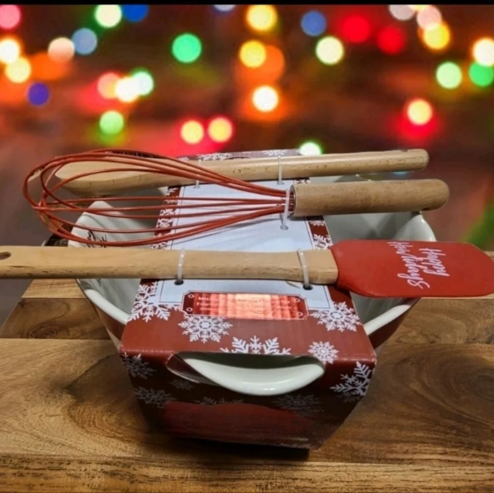 4pc Christmas Pug Boston Terrier Lab Yorkie Dog Mixing Bowl Spatula Spoon Wisk